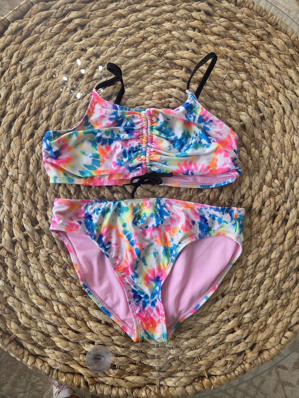 wonder nation Girls' Multicolor Tie-Dye Bikini with Pink Lining